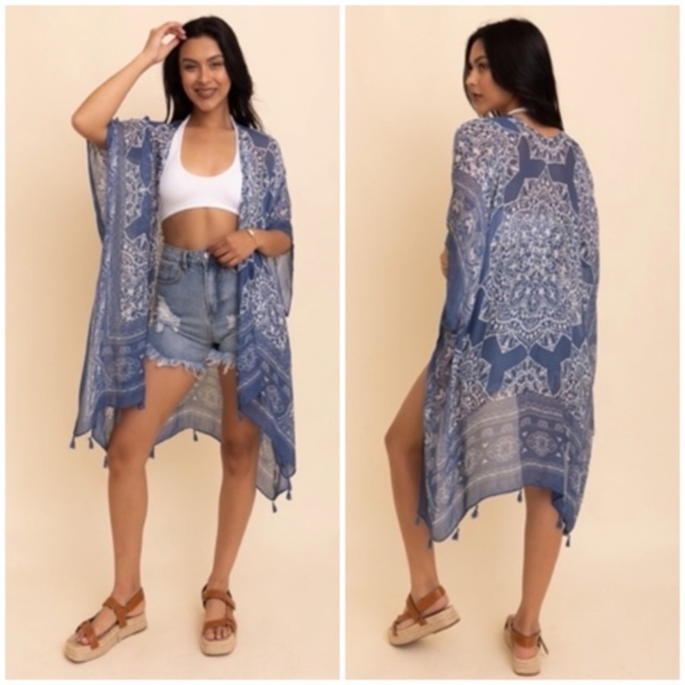 SOLD OUT Navy Blue Mandala Printed Tassel Open Kimono Coverup Casual Wrap One - Picture 1 of 4